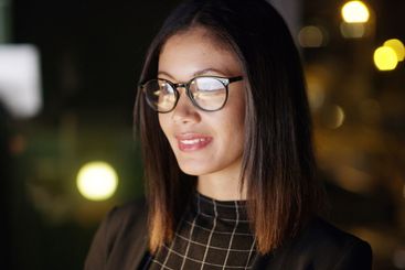 Professional, glasses and woman with reading at night...
