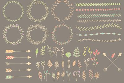 Hand drawn vintage arrows, feathers, dividers and floral...