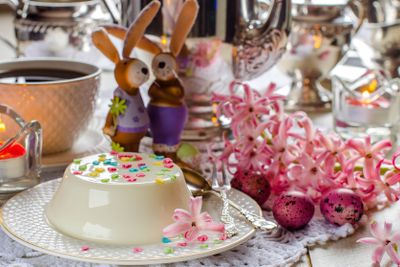 Easter. Desserts. The beautifully decorated table.