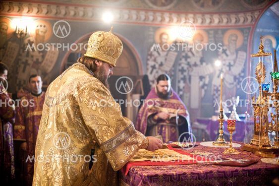 MOSCOW - MARCH 14: Orthodox liturgy with bishop Mercury in High Monastery of St Peter in Moscow on March 14, 2010 in Moscow
