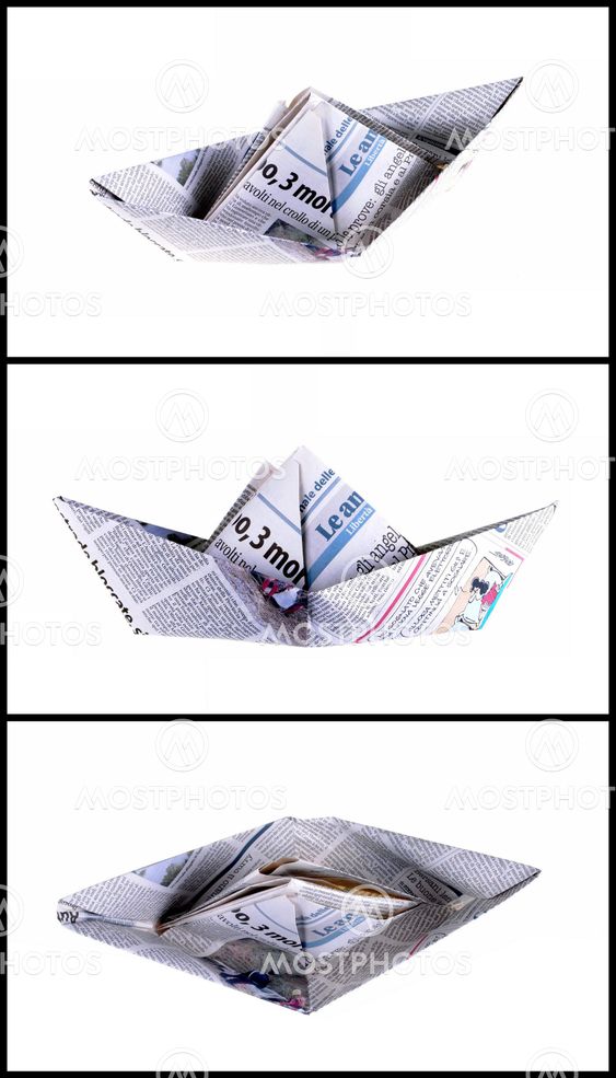 three views of a boat made with a newspaper page