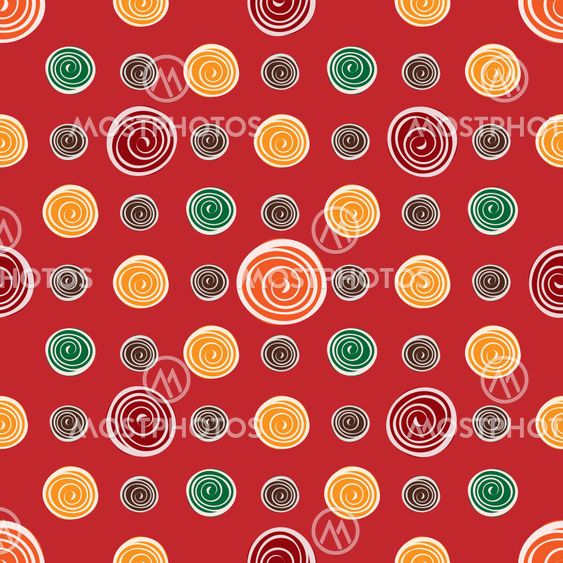 Red flower yellow green circles on red seamless pattern...
