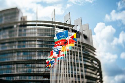 Flags in front of the European Parliament