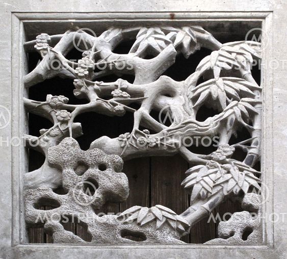 stone carving in ancient Chinese house, world heritage village old town Hongcun, Huangshan China
