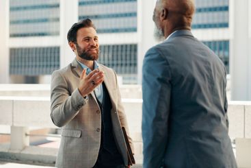 Meeting, happy and teamwork with business people in city...