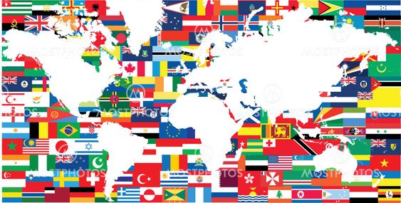 national flags and world map