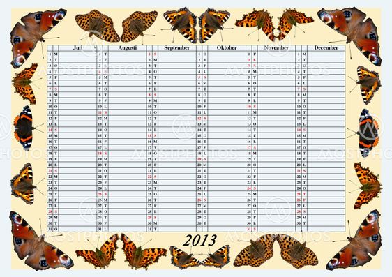 Calendar 2013, July-December with Butterflies