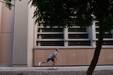 Ride, athlete and man with skateboard, road and exercise...