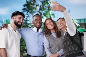 Selfie Together. Happy College University Campus