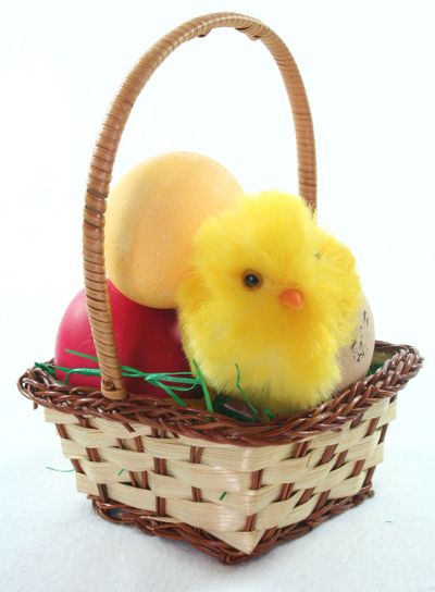 Easter basket with Easter eggs and chicks