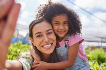 Farm, field trip and selfie of girl with teacher for...