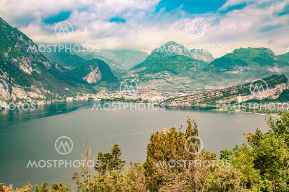 Panorama of the gorgeous Lake Garda surrounded by...