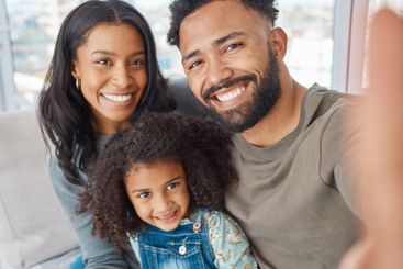 Selfie, happy and portrait of parents with child for...