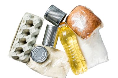 Donation food goods, quarantine help concept. Oil,...