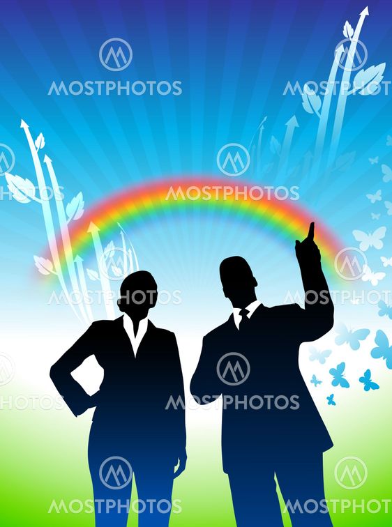 businessman and businesswoman on green nature background with ra