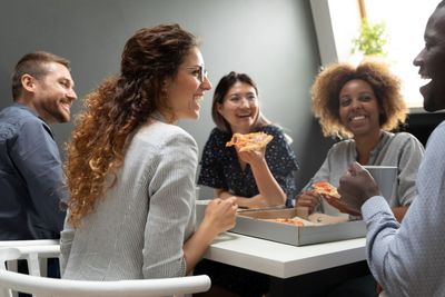 Cheerful multiracial business team people having fun...