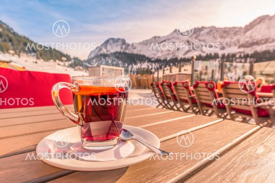 Hot cup of tea at mountain restaurant