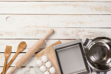 baking preparation, top view of a variety of baking...