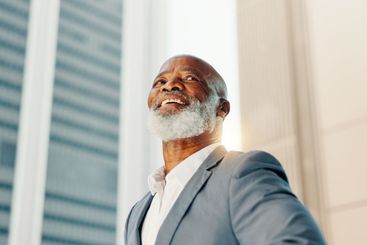 Thinking, future and business black man in city for real...