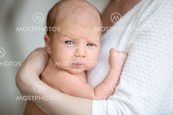 Portrait of cute newborn baby on mother arms
