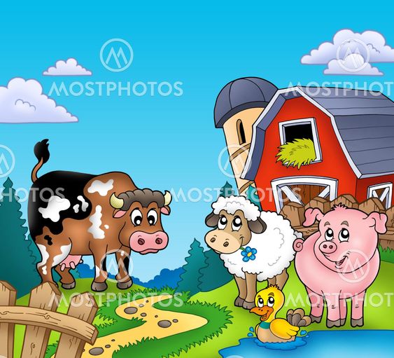 Red barn with farm animals