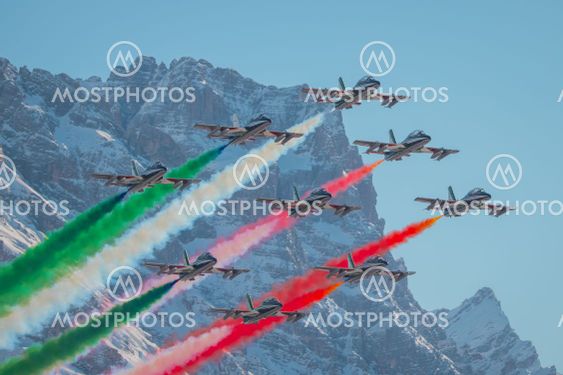 Acrobatic group of Freccia trecolori jet aeroplanes are...