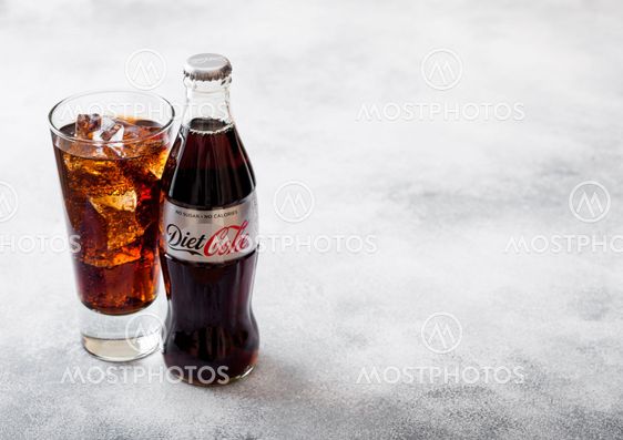 LONDON, UK - SEPTEMBER 28, 2018: Glass and bottle of Diet...