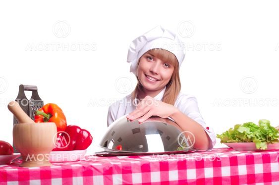 Attractive cook woman a over white background