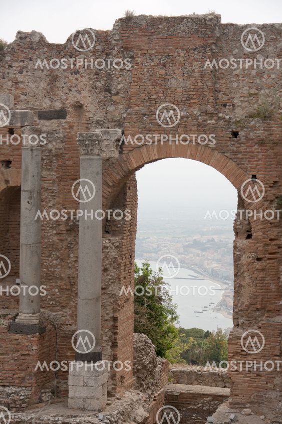 View through ancient window in Taormina amphitheater