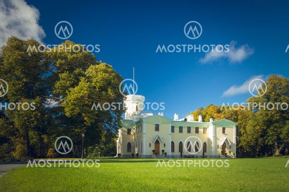 KEILA-JOA, ESTONIA - SEPTEMBER 27, 2015: Keila-Joa manor (Schloss Fall), neo-gothic style building of 19th century. Autumnal view under blue sky.