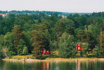 Panoramic View On Many Red Swedish Wooden Sauna Logs...
