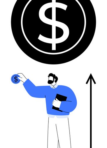 Man Holding a Coin and Notebook with Upward Arrow and...