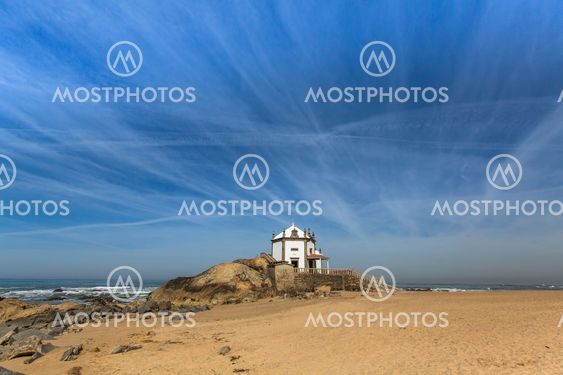 Miramar Beach and Chapel Senhor da Pedra, Atlantic ocean, Porto, Portugal.