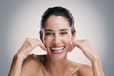 Natural skincare, portrait and woman laugh with glow,...