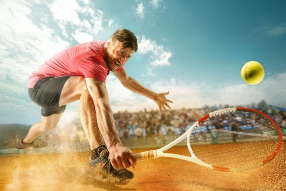 The one jumping player, caucasian fit man, playing tennis...