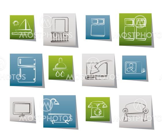 Hotel and motel room facilities icons