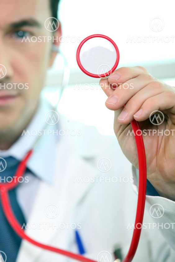 Doctor approaching stethoscope to camera