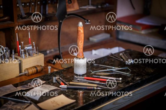 set of leather tools in the workshop