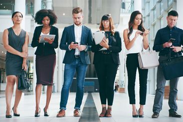 Business people, technology in line and waiting room for...