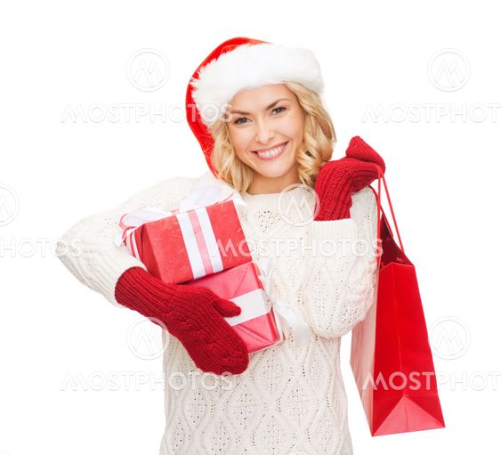 woman in santa helper hat with shopping bags
