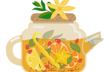 Glass teapot with fruit summer herbal tea. Fruit healthy...