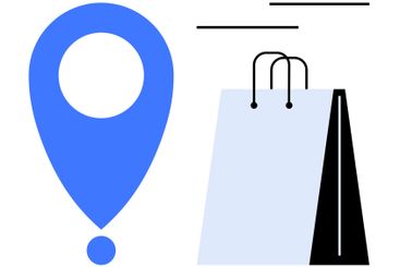 Blue location pin and shopping bag indicating online...