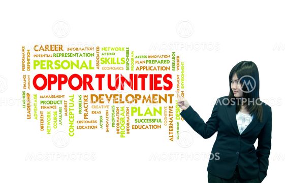Confident business woman presenting business words over a...