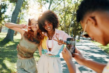 Women, smile or friends in park for picture together for...