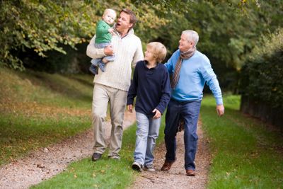 Grandfather walking with son and grandchildren