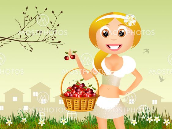 Girl with cherries in the basket