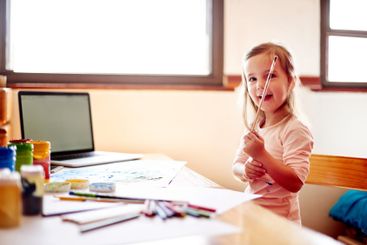 Painting, portrait and smile of girl in bedroom of home...
