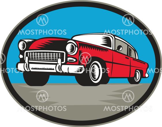 Vintage Classic Car Low Angle Woodcut