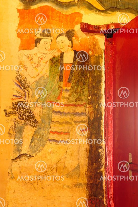 thai tradition painting at the wall, Ancient Temple in thailand