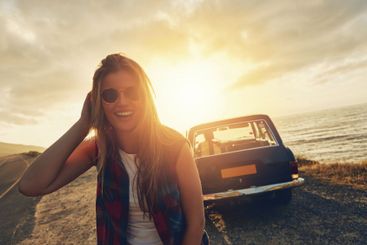 Happy woman, portrait or beach sunset with road trip for...